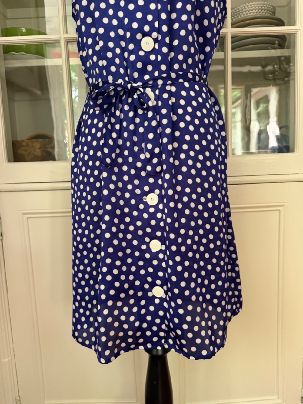 Agnes B. Blue & White Polka Dot Silk Dress, Size 42/US 10, Button Down, Sash - Picture 3 of 8
